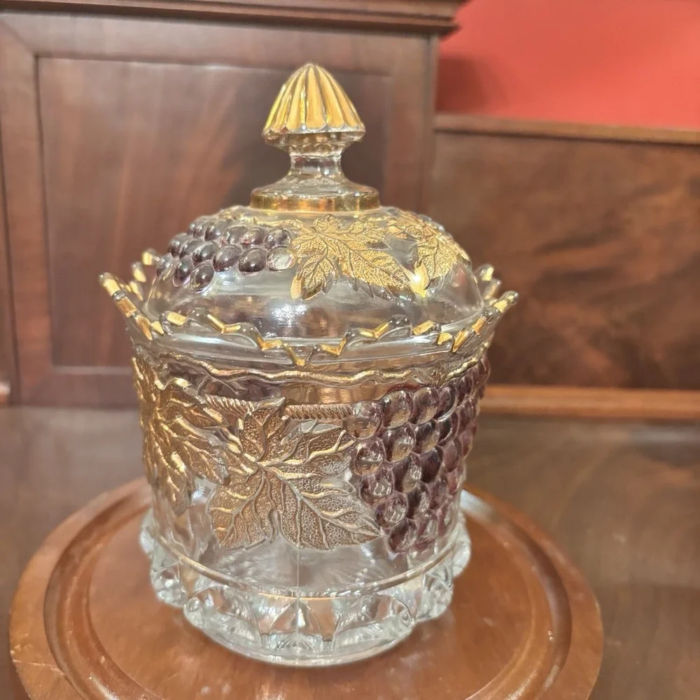 Vintage Mosser Glass Grape Covered Sugar Bowl Purple Grapes Gold Trim Candy Dish